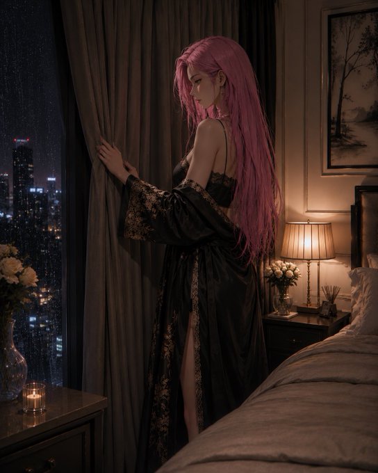 A woman wearing a black dress stands by a window with her hair styled in pigtails, holding onto a curtain. She appears to be looking out at the city lights below. The background features a bed with white sheets and a nightstand next to it that has a candle on top of it. There is also a vase filled with flowers placed nearby.