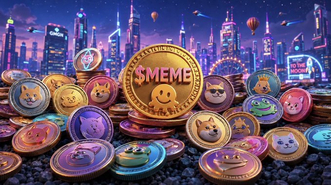 A colorful digital illustration showing stacks of meme coins featuring various animal faces with a large central gold coin labeled '$MEME', set against a vibrant cyberpunk-style cityscape.