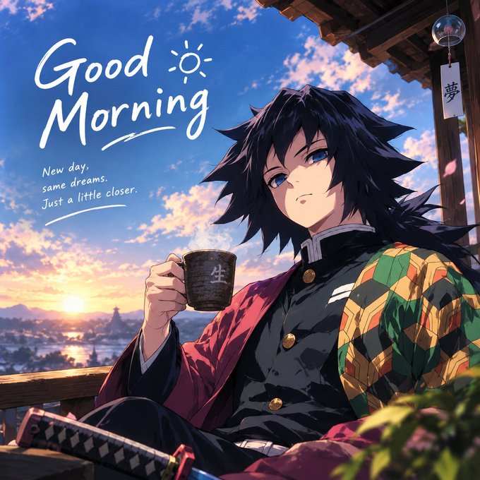 Anime-style illustration of a dark-haired character holding a tea cup at sunset with the text 'Good Morning' and 'New day, same dreams. Just a little closer.'