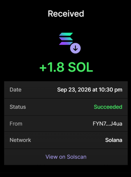 A transaction confirmation showing a successful receipt of +1.8 SOL from wallet FYN7...J4ua on the Solana network on Sep 23, 2026 at 10:30 pm. The image serves as proof of purchase for 280 million $BULLRUN tokens, aligning with the accompanying post's promotion to buy via the listed Solana wallet address with rates ranging from 0.2 SOL (10M tokens) to 5 SOL (1B tokens).