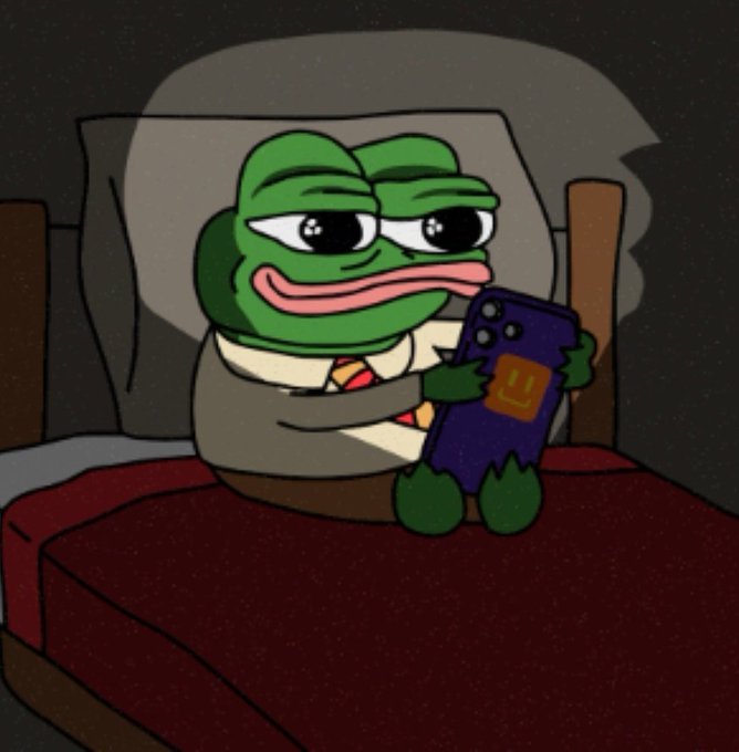 A cartoon illustration of Pepe the Frog sitting in bed under a blanket, holding a smartphone with a red shopping app icon on the screen.