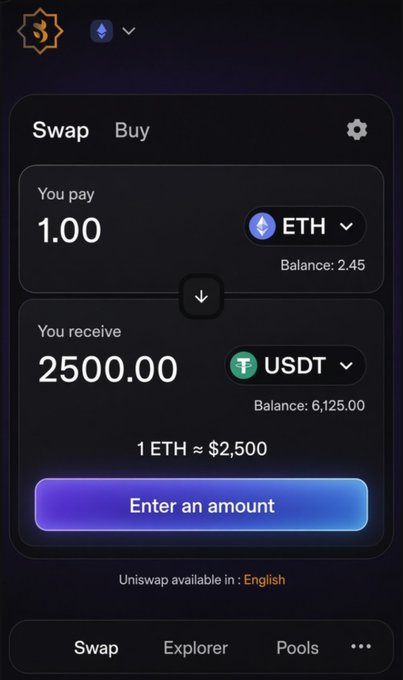 A cryptocurrency swap interface showing the exchange of 1.00 ETH for 2500.00 USDT (at a rate of 1 ETH ≈ $2,500), with the user holding balances of 2.45 ETH and 6,125.00 USDT. The image relates to the post by illustrating a USDT swap transaction, connecting to the tweet's excitement about $USDT and $SDA (Sidra Chain) token holders.