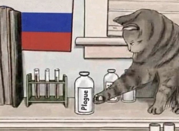 A watercolor illustration of a small bear in a lab coat reaching for a bottle labeled 'Plague' next to other bottles, with a Russian flag hanging on the wall behind it.
