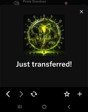 A mobile screen displaying a 'Pirate Overdose' NFT transaction confirmation with the message 'Just transferred!' below a yellow-green artwork.