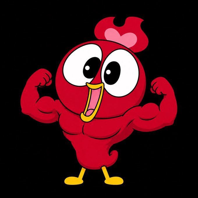 A cartoon illustration of a muscular red bird character with a heart-shaped crest flexing its biceps against a black background.