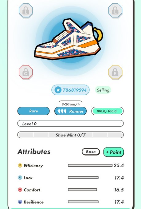 The image shows a white screen with an orange shoe displayed at the top, along with some text that reads "Stepn サクセスレート上げたところで 私にとってミントは鬼門なのだ...". The post is about shoes and has been tagged as a "shoe" in the comments section.