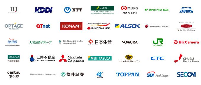 The image displays a grid of prominent Japanese company logos, including financial institutions like MUFG Bank, SMBC, and Mizuho, as well as corporations such as NTT, KDDI, Mitsubishi Corporation, and Honda.

Notably, the logo for "QNT" (Quant) appears in red among these major Japanese brands, visually linking the Quant cryptocurrency to Japan's corporate and financial landscape referenced in the post about Yen ($QNT).