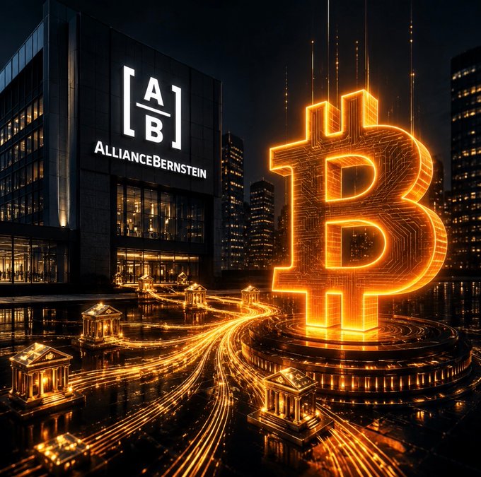The image shows a glowing orange Bitcoin symbol prominently displayed in front of an "AllianceBernstein" building at night, visually representing the asset manager's bold $300,000 price prediction for Bitcoin by 2029. Streams of golden light flow from miniature classical structures toward the illuminated Bitcoin, symbolizing the convergence of traditional finance with growing institutional crypto conviction.