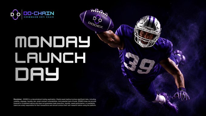 An advertisement for DO-CHAIN featuring a football player in a purple jersey catching a ball, with text reading 'MONDAY LAUNCH DAY' and the 'DO-CHAIN CUDDLYWARM DEFI CHAIN' logo.