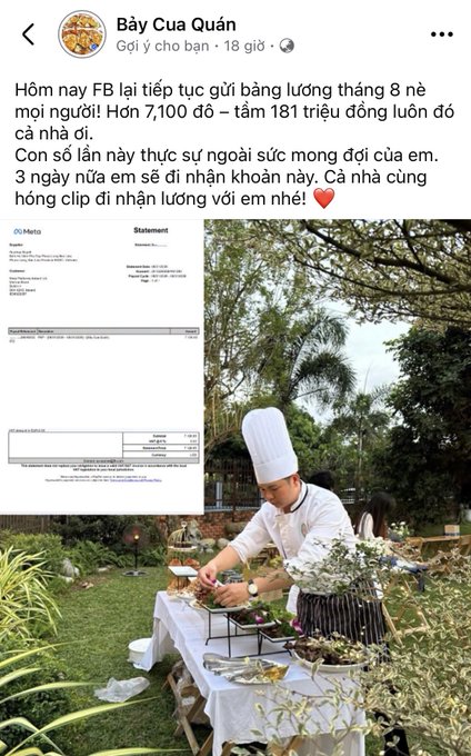 A Vietnamese Facebook post by 'Bãy Cua Quán' sharing a salary statement (with over 7,100 USD ~ 181 million VND) alongside an image of a chef preparing food outdoors.