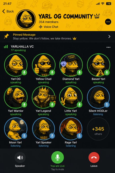 A Telegram-style voice chat interface for the "YARL OG COMMUNITY" with 354 members, showing multiple Yarl character avatars (Yarl OG, Yellow Chad, Diamond Yarl, Based Yarl, Yarl Warrior, Yarl Legend, Little Yarl, Silent HODLER, Moon Yarl, Yarl Speaker, Rage Yarl) with 17 speaking, and a pinned message "Stay yellow. We don't follow, we take thrones."