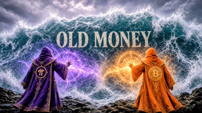 An image titled 'OLD MONEY' showing two hooded figures in purple and orange robes with Pi and Bitcoin symbols, casting magical energy against a massive ocean wave.