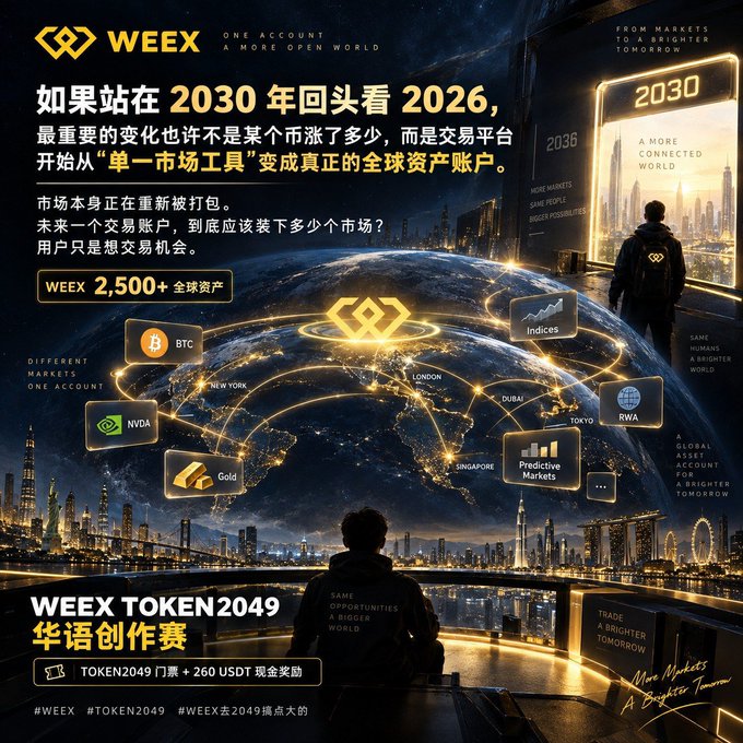 A promotional poster for WEEX with Chinese text, including "如果站在2030年回头看2026" (If we look back at 2026 from 2030) and "WEEX TOKEN2049 华语创作赛," advertising a global asset account platform featuring BTC, NVDA, Gold, Indices, RWA, and Predictive Markets.