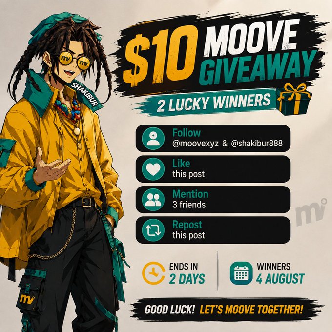 A promotional graphic for a "$10 MOOVE GIVEAWAY" featuring an anime-style character in a yellow jacket and "mv" sunglasses, with entry instructions listing follows of @moovexyz and @shakibur888, liking, mentioning 3 friends, and reposting, ending in 2 days with 2 winners announced on August 4.