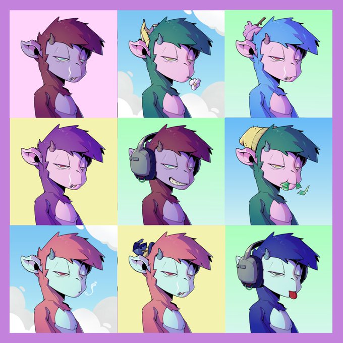 A 3x3 grid of cartoon dragon or drake character portraits showing various expressions and accessories (crowns, headphones) in different pastel-colored panels.