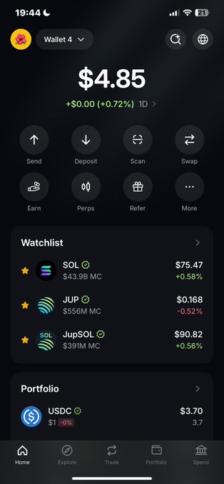 A cryptocurrency wallet app screenshot shows a balance of $4.85 with options like Send, Deposit, Scan, and Swap, along with a watchlist featuring SOL ($75.47), JUP ($0.168), and JupSOL ($90.82), and a portfolio holding USDC ($3.70).