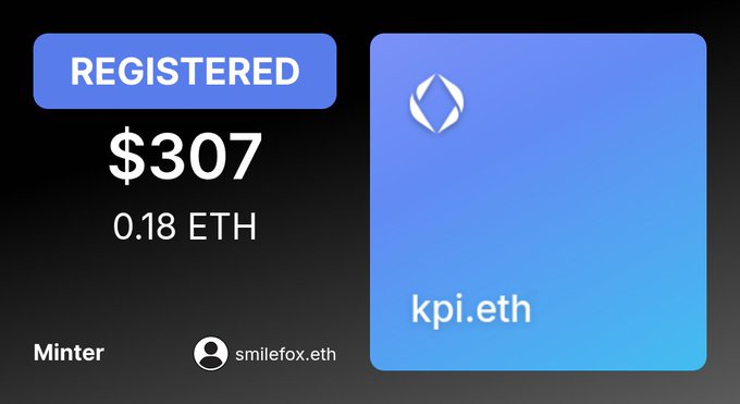 A digital card showing a registered ENS domain 'kpi.eth' minted by smilefox.eth for $307 or 0.18 ETH.