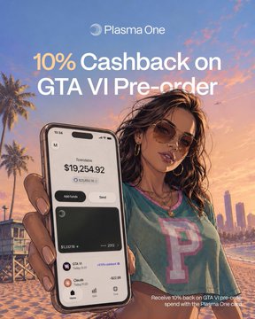 The image is a promotional advertisement for "Plasma One" offering 10% cashback on GTA VI pre-orders, showing a hand holding a smartphone displaying an available balance of $19,254.92 against a beachside backdrop with a woman in sunglasses. The image visually supports the accompanying post by highlighting Plasma One as an early crypto project to launch this GTA VI cashback promotion, which was later matched by Ether.fi's 20% cashback offer.