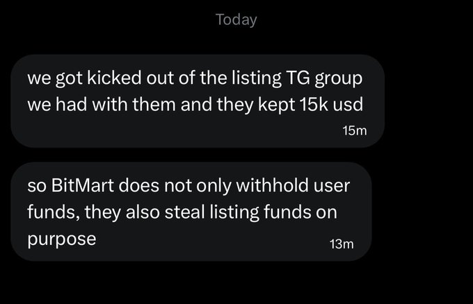 A screenshot of two text messages sent today, accusing BitMart of withholding $15,000 USD in listing fees after kicking the sender out of a Telegram group. The posts allege that BitMart "not only withhold user funds, they also steal listing funds on purpose," reinforcing the caption's criticism of the exchange's questionable practices.
