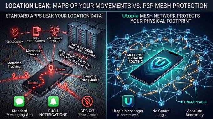 An infographic titled 'LOCATION LEAK: MAPS OF YOUR MOVEMENTS VS. P2P MESH PROTECTION', comparing standard app vulnerabilities with Utopia Mesh Network features.