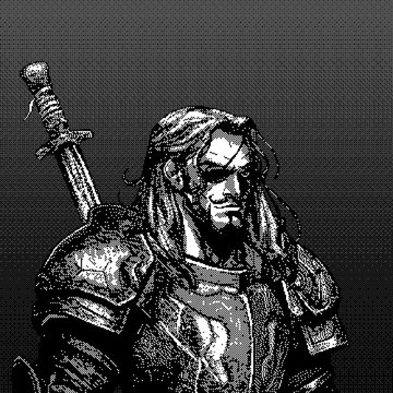 A black and white sketch illustration of a long-haired warrior in armor with a sword strapped to his back, rendered in a detailed crosshatch art style.