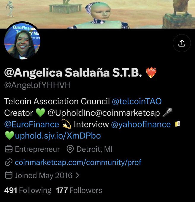 A Twitter/X profile screenshot impersonating Angelica Saldaña (@AngelofYHHVH), claiming affiliation with Telcoin Association (@telcoinTAO) and featuring a EuroFinance interview reference, which the post identifies as a fake account to be reported and blocked.