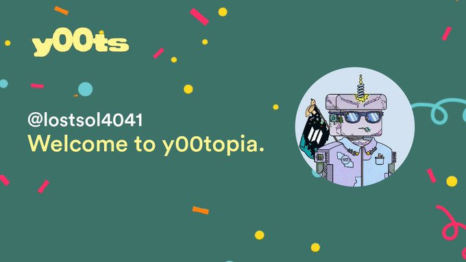 A graphic banner reading "y00ts", "@lostsol4041", and "Welcome to y00topia." featuring an NFT-style character illustration with sunglasses and a gold chain.