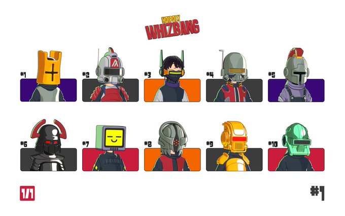 A collection of 10 cartoon-style character portraits under the title 'HORDAY WHIZBANG', labeled #1 through #10, featuring figures in helmets and a yellow cross-headed character.