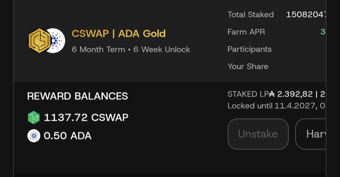 A DeFi dashboard screenshot showing a 'CSWAP | ADA Gold' staking pool with 6 Month Term and 6 Week Unlock, showing Reward Balances of 1137.72 CSWAP and 0.50 ADA.