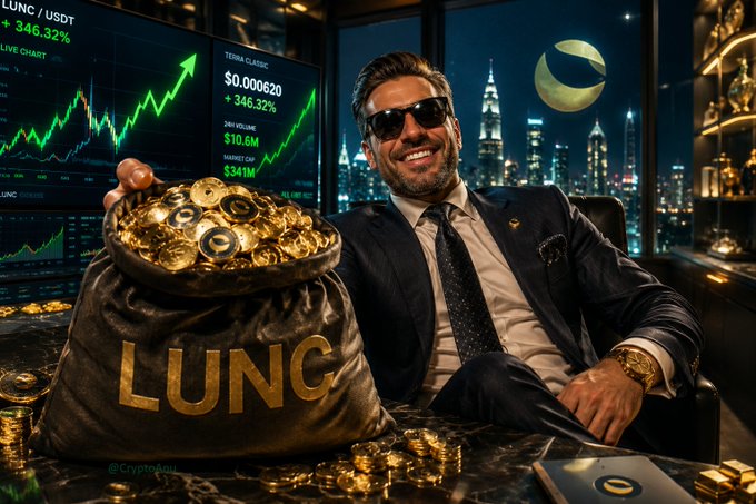 A stylized AI-generated image of a man in a suit and sunglasses sitting next to a sack labeled "LUNG" filled with gold coins, with screens displaying "LUNC / USDT" and "TERRA CLASSIC" showing a price of $0.000620 and +346.32%.