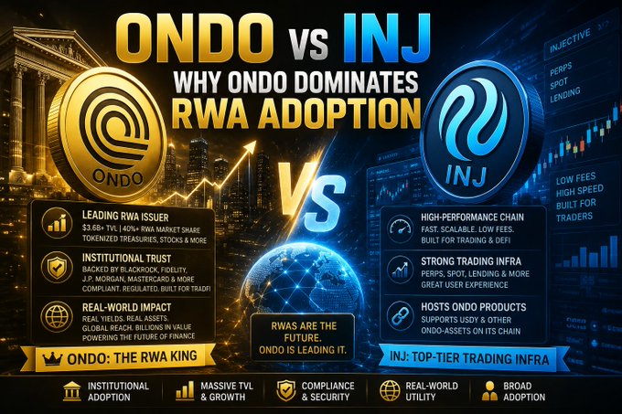 The image features a poster with two coins, one labeled "ONDO" and the other "INJ", placed side by side against each other. The poster also includes text that explains why ONDO dominates the INJ tokenization debate.