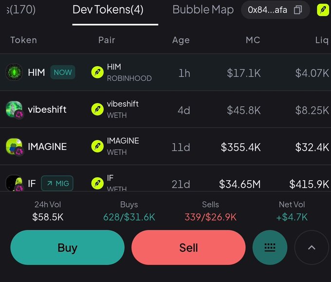 A cryptocurrency trading interface showing Dev Tokens including HIM (paired with ROBINHOOD), vibeshift, IMAGINE, and IF, with market caps, liquidity figures, 24h volume of $58.5K, 628 buys, and 339 sells displayed above Buy and Sell buttons.