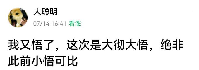 The image shows a comment from user "大聪明" (Big Smart) dated 07/14 16:41 marked "看涨" (bullish), with the text: "我又悟了，这次是大彻大悟，绝非此前小悟可比" (I've had another enlightenment, this time it's a profound awakening, incomparable to my previous minor enlightenments).

This hyperbolic, self-mocking "enlightenment" post fits the context of a Huobi community trader humorously overreacting to a market insight, with the accompanying note teasing the reader to check out this creatively excessive bullish post for themselves.