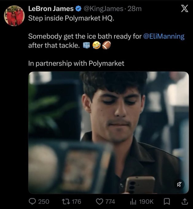 LeBron James (@KingJames) tweets "Step inside Polymarket HQ. Somebody get the ice bath ready for @EliManning after that tackle 🧊🤣🏈 In partnership with Polymarket," featuring a young man looking down at his phone, who is identified as StableRonaldo, an FNCS-winning esports streamer, appearing in LeBron's Polymarket ad.