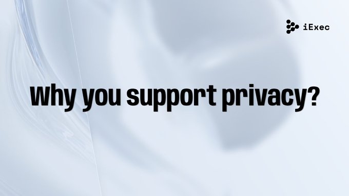A promotional slide with the text 'Why you support privacy?' displayed in black on a light, flowing background, with the 'iExec' logo in the top right corner.