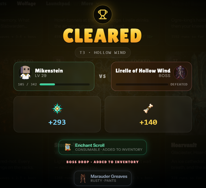 The image shows a game screen with text that says "CLEARED", followed by two names for players: "Mikenstein" and "Lirelle of Hollow Wind", indicating their accomplishments in the game. The player's achievements are displayed as 2, 6, 1, 3, 4, and 3 achievements respectively. There is a text box beneath that congratulates the players on their hard work and progress. A list of achievements is also shown below the names of the players.