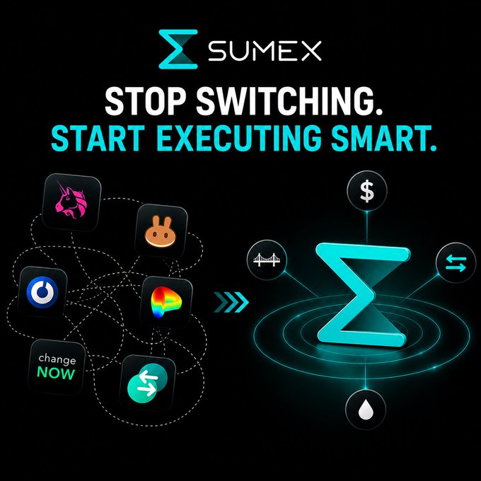 A promotional graphic for SUMEX with the tagline 'STOP SWITCHING. START EXECUTING SMART.', showing various crypto exchange icons being consolidated into a central SUMEX logo.
