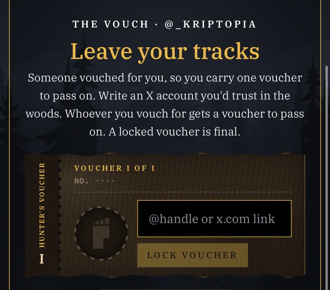 A webpage for 'The Vouch' by @_kriptopia with instructions to write an X account handle to pass on a vouching voucher, featuring a 'Lock Voucher' button.