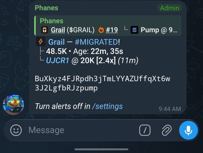 A Telegram bot alert from 'Phanes' showing a new $GRAIL token (rank #19) on Pump with a market cap of 48.5K, including the contract address 'BuXkyz4FJRpdh3jTmLYYAZUffqXt6w3J2LgfbRJzpump'.