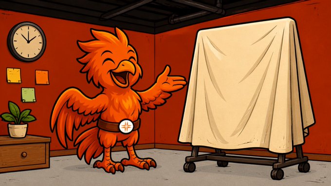 A cheerful orange phoenix mascot with a "WFLR" belt buckle stands in a room, gesturing playfully toward a large object hidden under a cream-colored sheet on a wheeled cart, teasing the reveal of something new—a playful visual metaphor for the "what's under the sheet" guessing game implied by the post about "WFLR + something new."