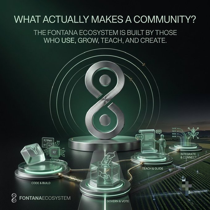 A promotional graphic for the Fontana Ecosystem featuring a metallic infinity symbol with the text 'WHAT ACTUALLY MAKES A COMMUNITY? THE FONTANA ECOSYSTEM IS BUILT BY THOSE WHO USE, GROW, TEACH, AND CREATE.'