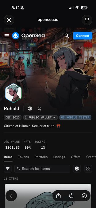A mobile screenshot of an OpenSea profile for user 'Rohald', showing a portfolio USD value of $161.83 with 99% NFTs and 1% tokens, titled 'Citizen of Hilumia. Seeker of truth.'