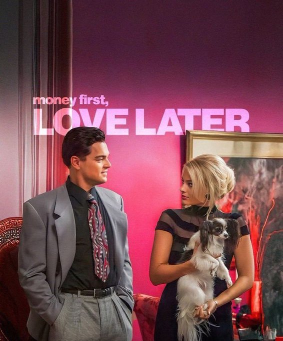 A stylized promotional image for the film 'Money First, Love Later' showing a man in a grey suit and a blonde woman holding a small dog against a pink-lit background.