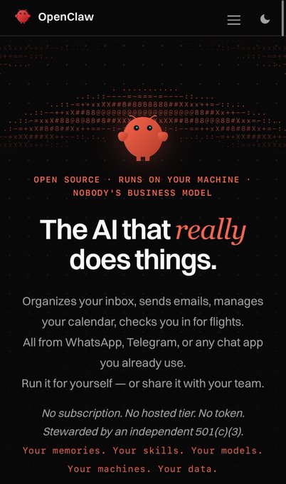 A mobile screenshot of a website called 'OpenClaw' promoting 'The AI that really does things,' described as 'OPEN SOURCE · RUNS ON YOUR MACHINE · NOBODY'S BUSINESS MODEL.'