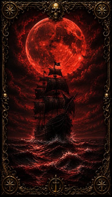 A dark, gothic-style illustration featuring a sailing ship on turbulent red seas beneath a massive blood moon, framed by ornate borders with skulls, stars, and an anchor emblem.