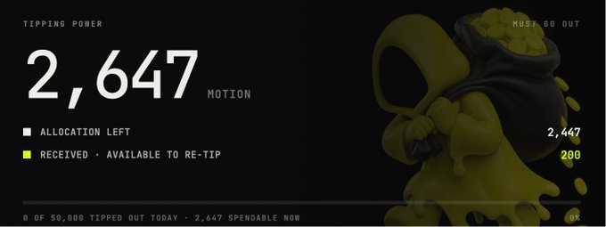 The image displays a dashboard showing "TIPPING POWER" of 2,647 MOTION, with 200 MOTION "RECEIVED - AVAILABLE TO RE-TIP" and 2,447 "MUST GO OUT," alongside a graphic of a dark cauldron overflowing with golden coins—visually representing the distribution of MOTION tokens as described in the post about a Robinhood chain mouth-farming tipping project.