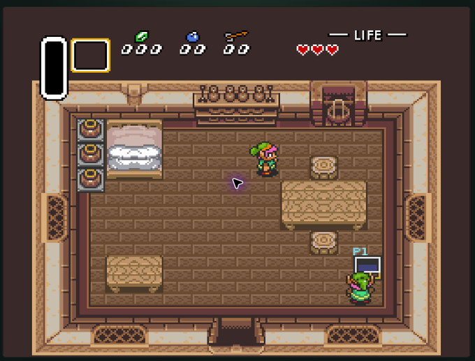 A screenshot from a retro Legend of Zelda game showing Link standing in a house with beds, tables, and a green-clad character labeled 'P1' in the corner.