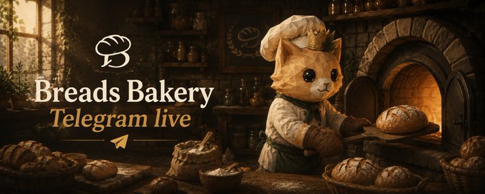 Same banner as the previous image, showing 'Breads Bakery Telegram live' with a cat chef holding bread in a rustic bakery.
