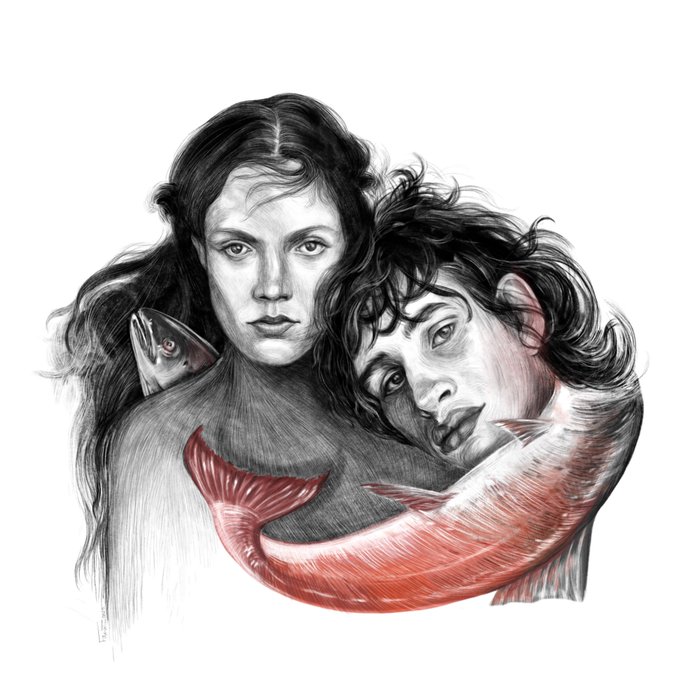 A black-and-white pencil-style illustration depicts two mermaid figures with long, flowing hair embracing, their forms accented by a vibrant red fish that wraps around their bodies. The piece, titled "Embrace of the Tide," visually captures the intimate, oceanic bond suggested by its title, with the striking red fish serving as a focal point against the monochromatic figures.