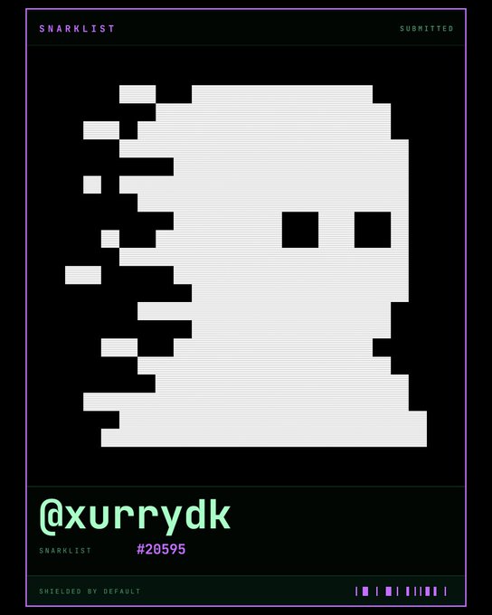 A digital profile card on a black background featuring a pixel-art skull graphic, the username '@xurrydk', the text 'SNARKLIST', '#20595', and 'SHIELDED BY DEFAULT' along the borders.